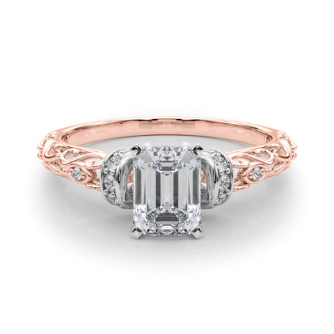 Rose gold Emerald Solitaire Diamond Ring with Filigree Band and Four-Prong Setting