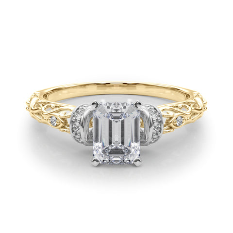 Yellow gold Emerald Solitaire Diamond Ring with Filigree Band and Four-Prong Setting