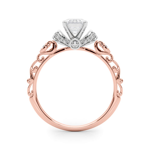 Rose gold Emerald Solitaire Diamond Ring with Filigree Band and Four-Prong Setting