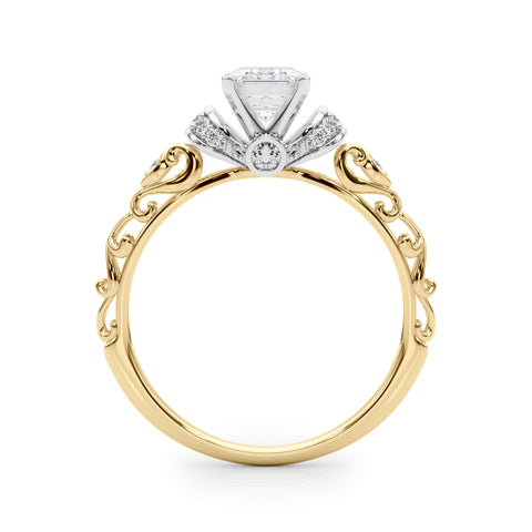 Yellow gold Emerald Solitaire Diamond Ring with Filigree Band and Four-Prong Setting