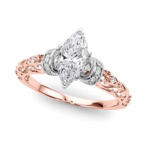 Rose gold Marquise Solitaire Diamond Ring with Filigree Band and Four-Prong Setting