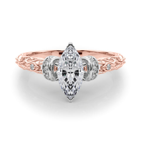 Rose gold Marquise Solitaire Diamond Ring with Filigree Band and Four-Prong Setting