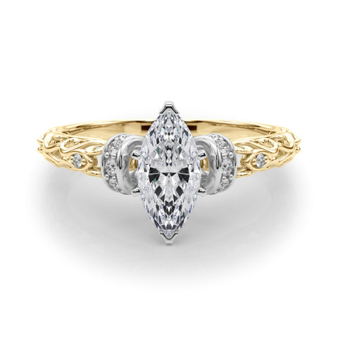 Yellow gold Marquise Solitaire Diamond Ring with Filigree Band and Four-Prong Setting