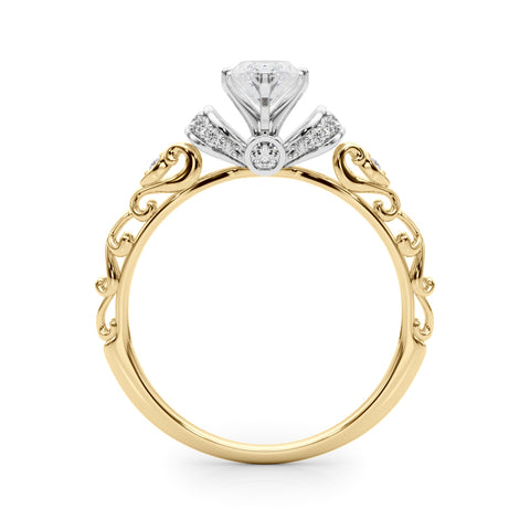 Yellow gold Marquise Solitaire Diamond Ring with Filigree Band and Four-Prong Setting