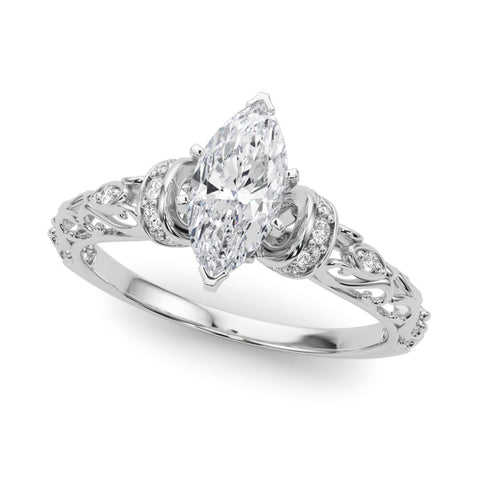 White gold Marquise Solitaire Diamond Ring with Filigree Band and Four-Prong Setting