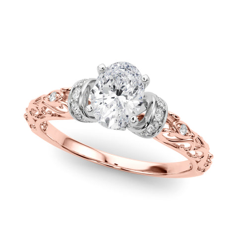 Rose gold Oval Solitaire Diamond Ring with Filigree Band and Four-Prong Setting