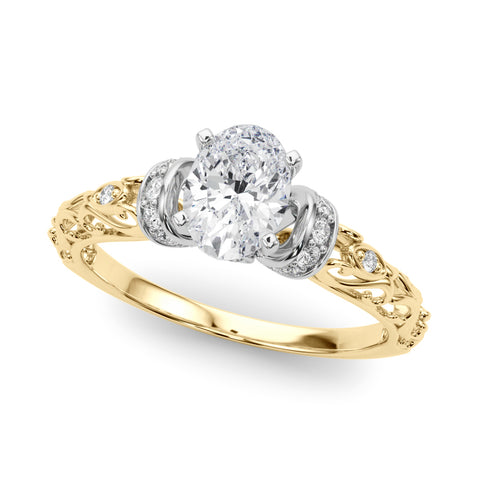 Yellow gold Oval Solitaire Diamond Ring with Filigree Band and Four-Prong Setting