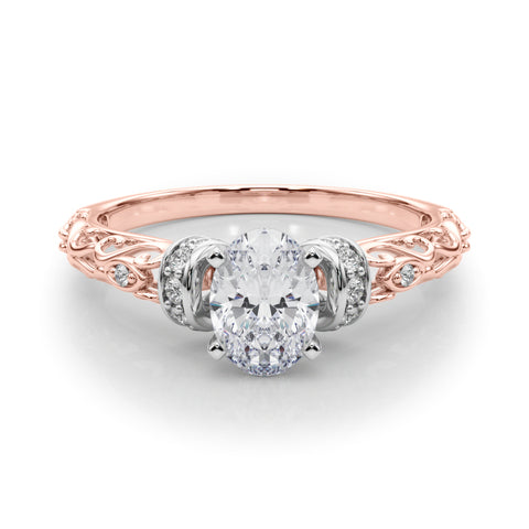 Rose gold Oval Solitaire Diamond Ring with Filigree Band and Four-Prong Setting