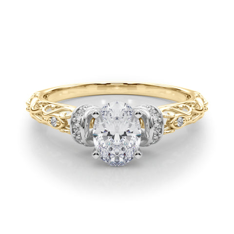 Yellow gold Oval Solitaire Diamond Ring with Filigree Band and Four-Prong Setting