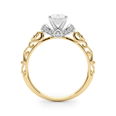 Yellow gold Oval Solitaire Diamond Ring with Filigree Band and Four-Prong Setting