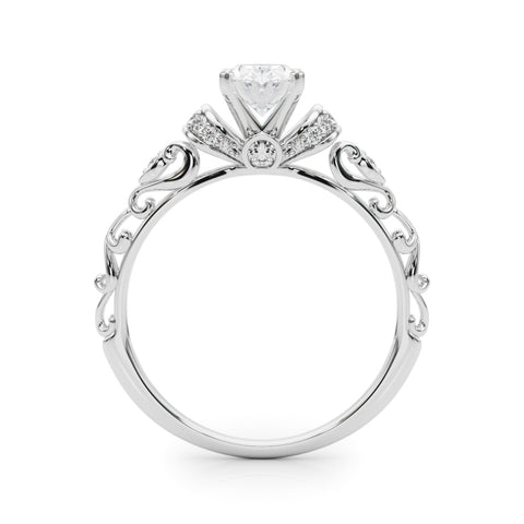 White gold Oval Solitaire Diamond Ring with Filigree Band and Four-Prong Setting