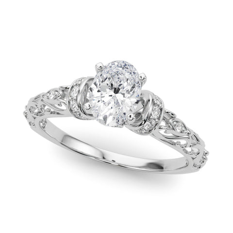 White gold Oval Solitaire Diamond Ring with Filigree Band and Four-Prong Setting