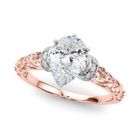 Rose gold Pear Solitaire Diamond Ring with Filigree Band and Four-Prong Setting