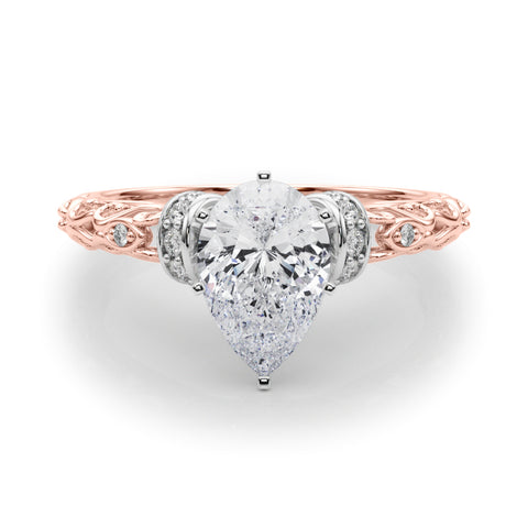 Rose gold Pear Solitaire Diamond Ring with Filigree Band and Four-Prong Setting