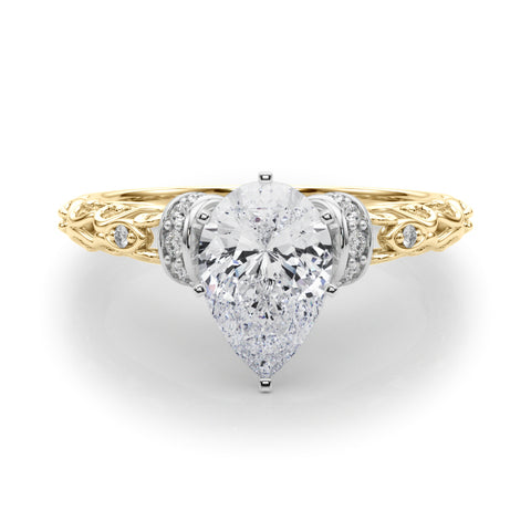 Yellow gold Pear Solitaire Diamond Ring with Filigree Band and Four-Prong Setting