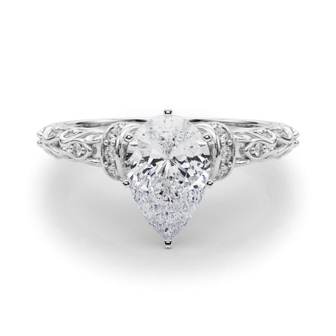 White gold Pear Solitaire Diamond Ring with Filigree Band and Four-Prong Setting