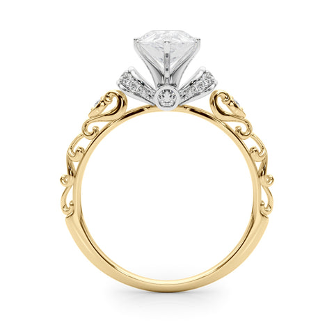 Yellow gold Pear Solitaire Diamond Ring with Filigree Band and Four-Prong Setting