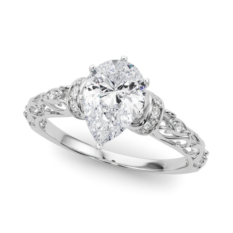 White gold Pear Solitaire Diamond Ring with Filigree Band and Four-Prong Setting