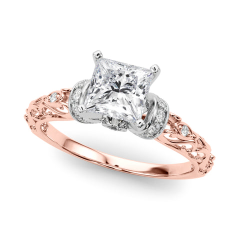 Rose gold Princess Solitaire Diamond Ring with Filigree Band and Four-Prong Setting