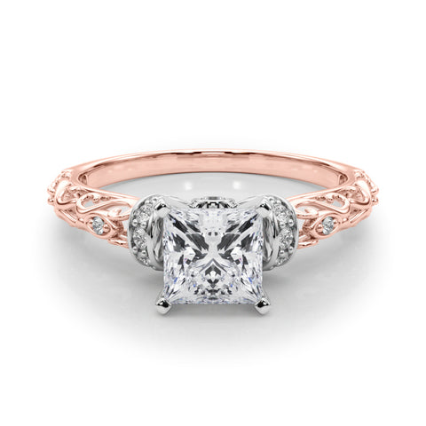 Rose gold Princess Solitaire Diamond Ring with Filigree Band and Four-Prong Setting