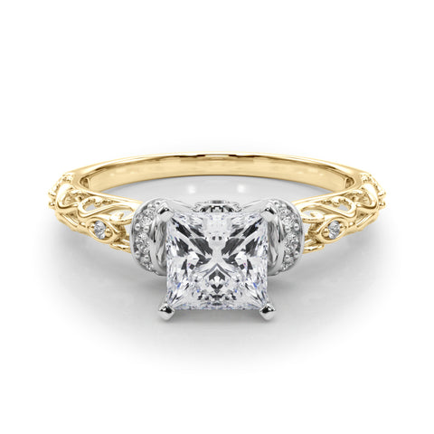 Yellow gold Princess Solitaire Diamond Ring with Filigree Band and Four-Prong Setting