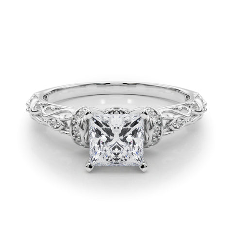 White gold Princess Solitaire Diamond Ring with Filigree Band and Four-Prong Setting