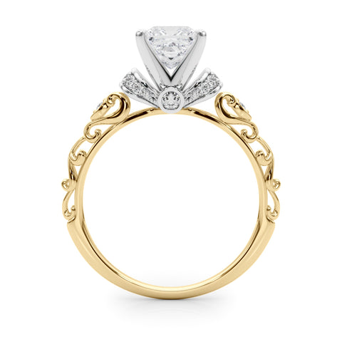 Yellow gold Princess Solitaire Diamond Ring with Filigree Band and Four-Prong Setting