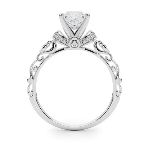 White gold Princess Solitaire Diamond Ring with Filigree Band and Four-Prong Setting