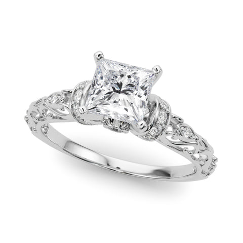 White gold Princess Solitaire Diamond Ring with Filigree Band and Four-Prong Setting