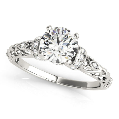 White gold Round Solitaire Diamond Ring with Filigree Band and Four-Prong Setting