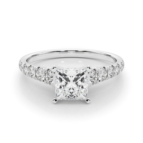 18K White Gold 3.03 Carat F VS1 Princess Cut Diamond Solitaire with Pave Band and Four-Prong Setting