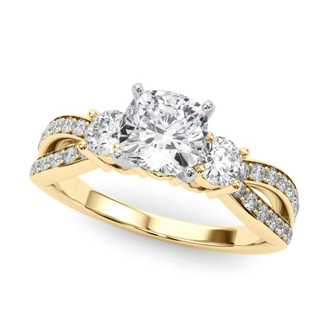 Yellow gold Three-Stone Cushion Cut Diamond Twist Band with Prong Setting