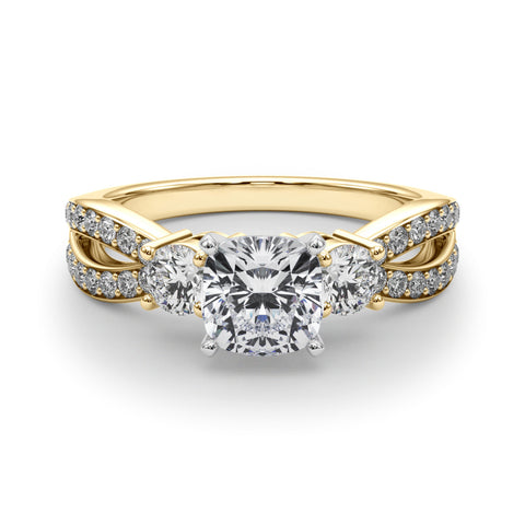 Yellow gold Three-Stone Cushion Cut Diamond Twist Band with Prong Setting