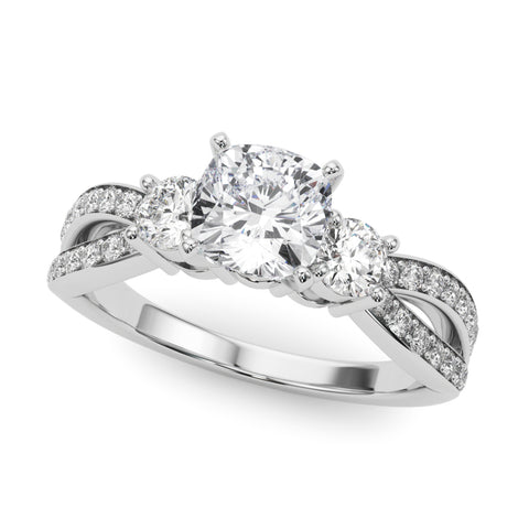 White gold Three-Stone Cushion Cut Diamond Twist Band with Prong Setting