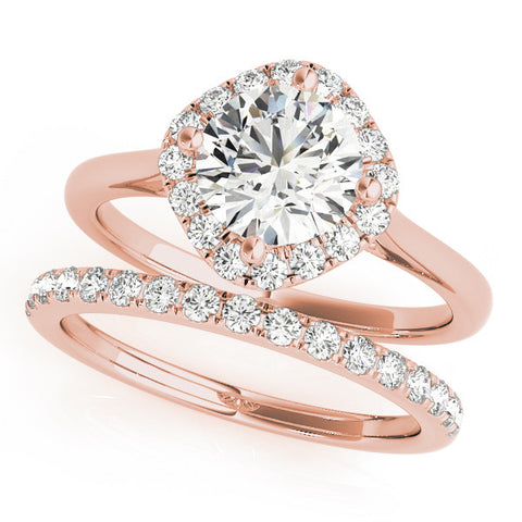 Rose gold Cushion Halo Round Diamond Solitaire Engagement Ring with Pave Band and Four-Prong Setting