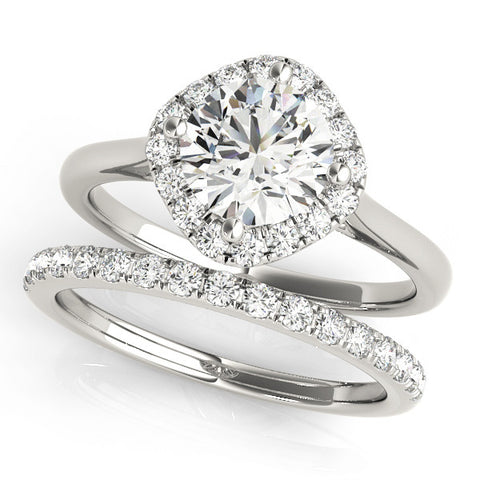 White gold Cushion Halo Round Diamond Solitaire Engagement Ring with Pave Band and Four-Prong Setting