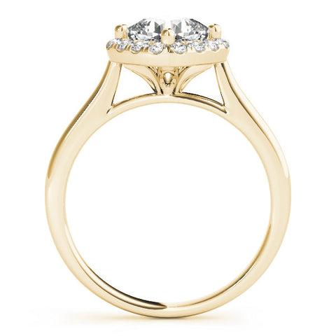 Yellow gold Cushion Halo Round Diamond Solitaire Engagement Ring with Pave Band and Four-Prong Setting