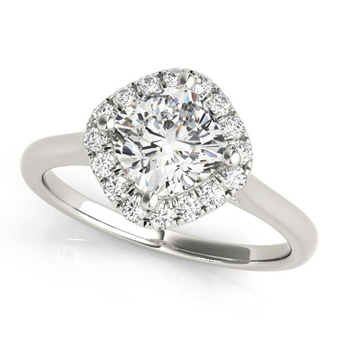 White gold Cushion Halo Round Diamond Solitaire Engagement Ring with Pave Band and Four-Prong Setting