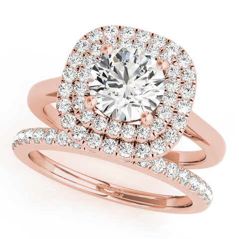 Rose gold Double Halo Round Diamond Pavé Band with Four-Prong Setting