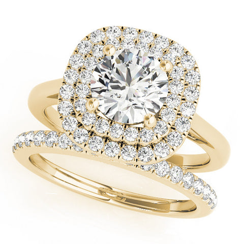 Yellow gold Double Halo Round Diamond Pavé Band with Four-Prong Setting