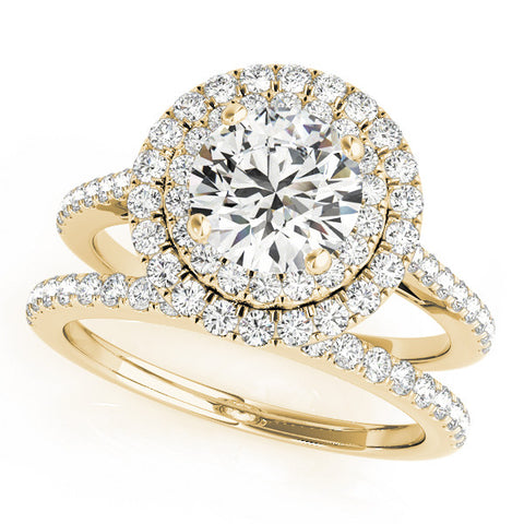 Yellow gold Double Halo Round Diamond Pavé Band Prong Setting Ring