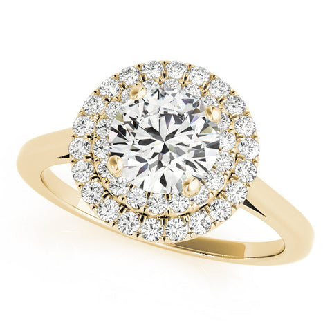 Yellow gold Double Halo Round Diamond Solitaire with Pavé Band and Four-Prong Setting