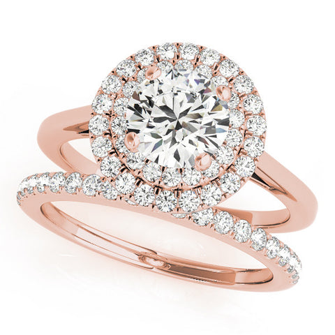 Rose gold Double Halo Round Diamond Solitaire with Pavé Band and Four-Prong Setting