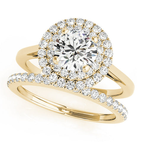 Yellow gold Double Halo Round Diamond Solitaire with Pavé Band and Four-Prong Setting