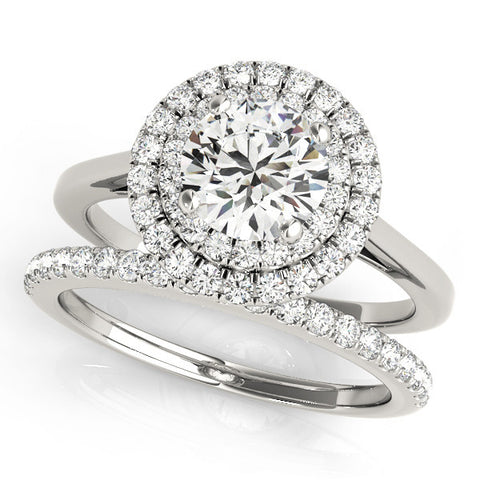 White gold Double Halo Round Diamond Solitaire with Pavé Band and Four-Prong Setting