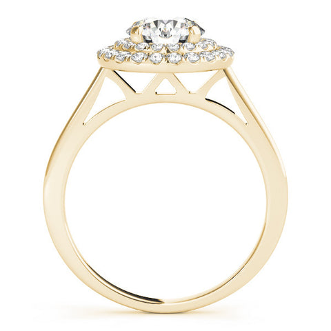 Yellow gold Double Halo Round Diamond Solitaire with Pavé Band and Four-Prong Setting