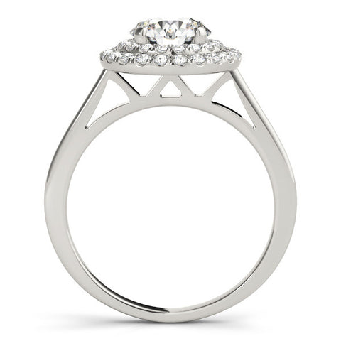 White gold Double Halo Round Diamond Solitaire with Pavé Band and Four-Prong Setting