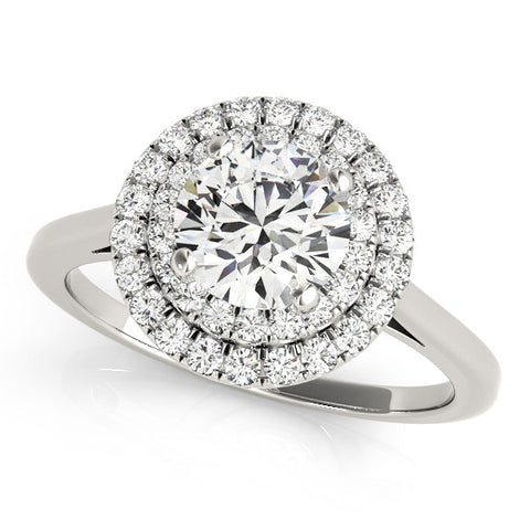 White gold Double Halo Round Diamond Solitaire with Pavé Band and Four-Prong Setting