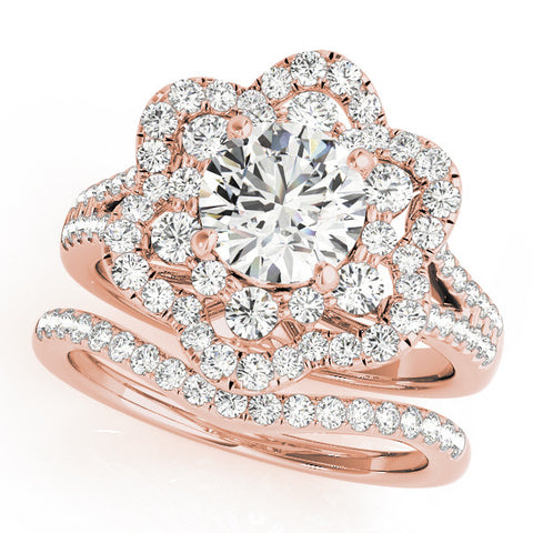 Rose gold Round Brilliant Double Halo Floral Pave Split Shank Prong Setting Ring