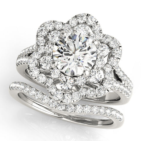 White gold Round Brilliant Double Halo Floral Pave Split Shank Prong Setting Ring